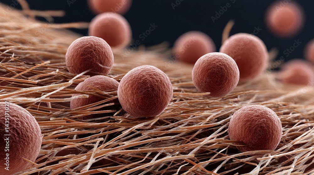 Poster an intricate close-up view of spherical cells on a textured surface, showcasing a blend of organic s