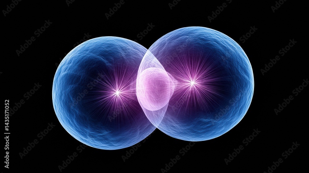Poster abstract image of two intersecting spheres, showcasing vibrant colors and energy waves, representing