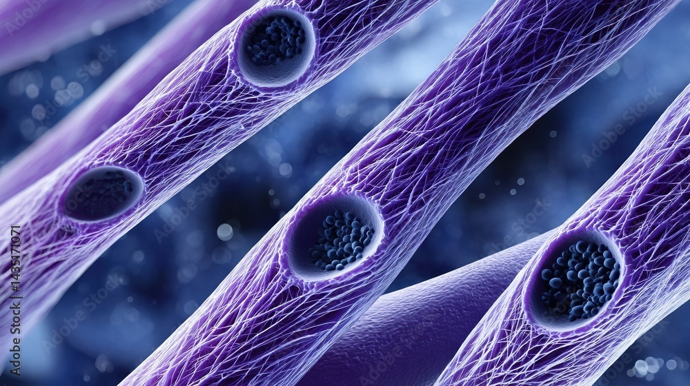 Poster an intricate close-up of purple cellular structures, showcasing the complexity of biological fibers 