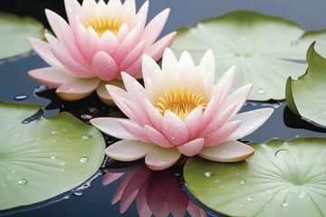 White and Pink Water Lilies with Dew Drops