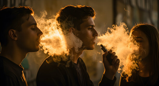 Group of Young People Vaping E Cigarettes in Backlit Evening Light Sharing Smoke Together