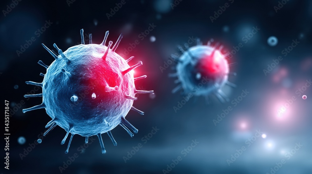 Poster a close-up view of virus particles, showcasing their intricate structures and highlighting their sig