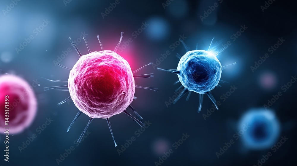 Poster a vivid depiction of colorful cells, showcasing their unique structures and movements in a microscop