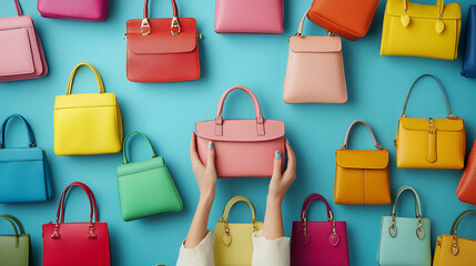 Woman touching many colorful purses handbags ai genrative