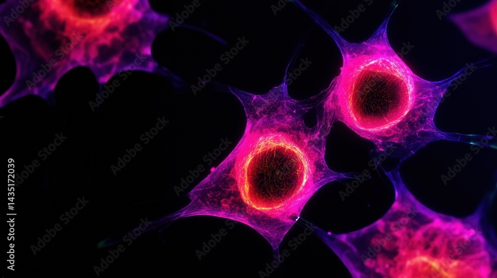Aufkleber a vibrant microscopic view of cells displaying intricate structures and glowing colors against a dar