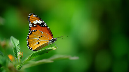 Obraz premium Vibrant butterfly perched on green foliage, showcasing nature's beauty in a serene environment