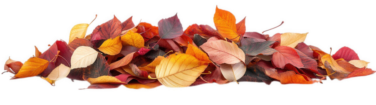 a vibrant pile of autumn leaves in various shades of red. orange. and yellow. showcasing the beauty of fall foliage against a clean white background the essence of the season and can be used for theme