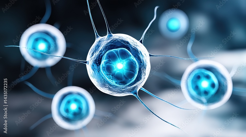 Poster a close-up view of digitalized cells with blue accents, representing biological structures in a scie