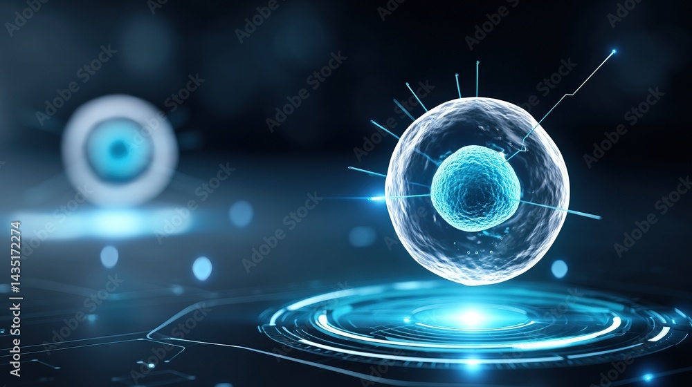 Poster a digital representation of a cell, showcasing intricate details and glowing elements in a futuristi