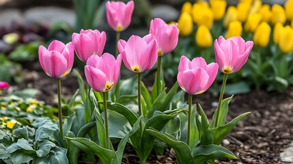 Pink Tulips Blooming in Spring Garden