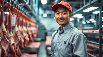 A smiling young Asian butcher stands proudly in a modern meat processing facility among rows of hanging beef cuts.