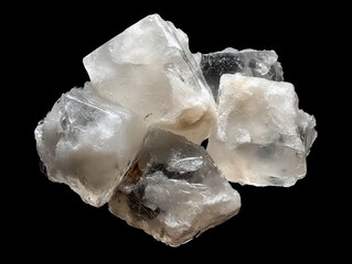 Captivating close up of raw halite crystals against a stark black backdrop showcasing intricate textures and translucent qualities in a studio shot mineral specimen