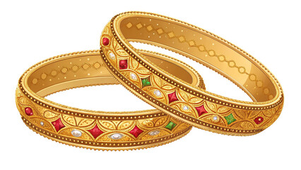 Ornate Traditional Gold Bangles With Red Green Gem Accents Diamond Shapes And Floral Engraving