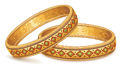 Pixel Art Gold Bangles With Red And Green Embellished Diamond Patterns And Traditional Design