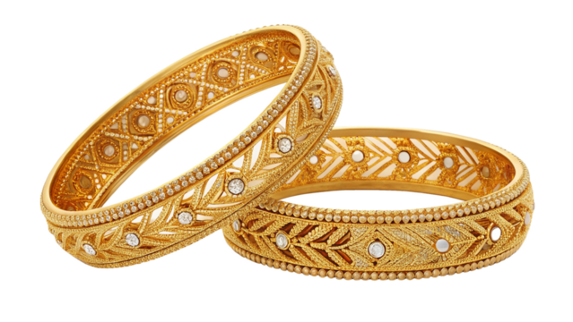 Elegant Diamond Studded Traditional Gold Bangles With Fine Filigree Details And Luxurious Craftsmanship