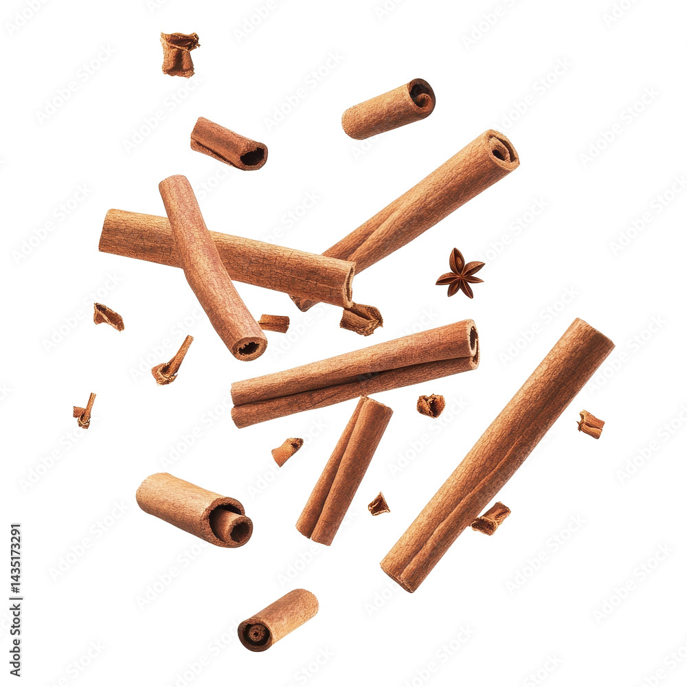Poster falling cinnamon sticks create a mesmerizing display isolated on a white background, falling cinnamo