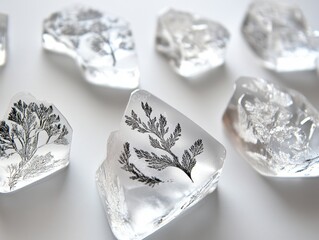 Dendrite crystal formation encased in clear resin with tree like patterns on a white surface artful display nature inspired mineralogy and geological beauty