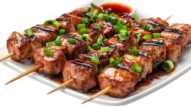 a platter of grilled meat skewers. glistening with a savory glaze and garnished with chopped green onions the skewers are arranged neatly. highlighting their appetizing appearance. perfect for a barbe