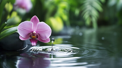 orchid in zen garden with droplet on pond ai genrative