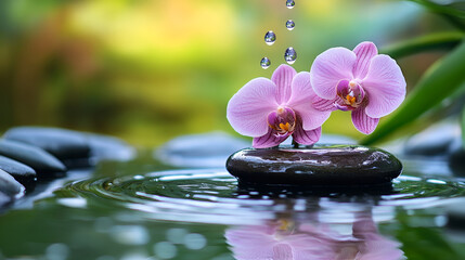 orchid in zen garden with droplet on pond ai genrative