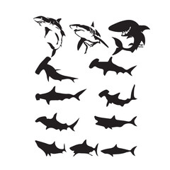 Silhouette collection of various shark species.