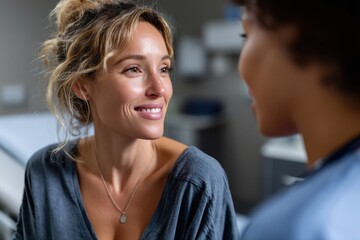 Fototapeta premium A joyful interaction occurs during a medical consultation, emphasizing the importance of positive relationships between healthcare professionals and patients in healing.