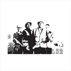 Black and white silhouette of four construction workers.