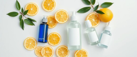Clean skincare products & lemon slices arranged on white background, ample empty space, natural,  healthy skin
