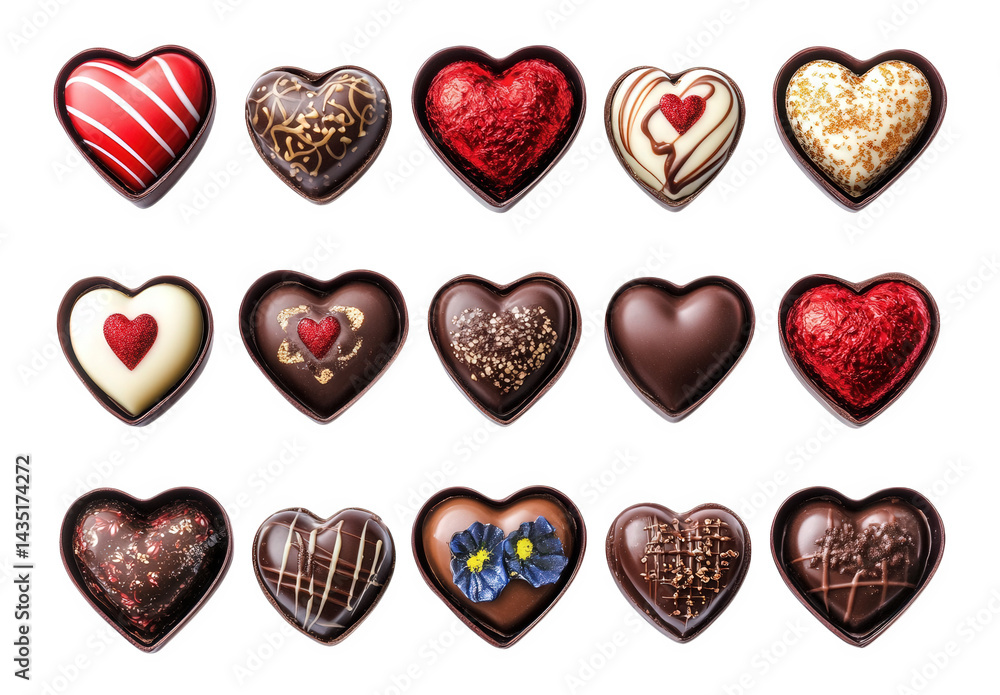 Poster an assortment of heart-shaped chocolates. elegantly arranged in a grid each chocolate features uniqu