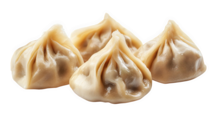 four dumplings. showcasing their plump. folded shape and smooth surface. typically filled with various ingredients they are presented against a clean. white background. emphasizing their texture and f