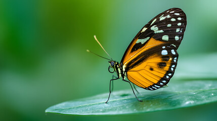Fototapeta premium Close-up of a vibrant butterfly perched on a green leaf in a lush garden setting