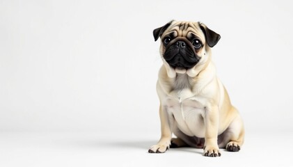 Adorable pug dog sits alone against a pure white background , white background, mammal