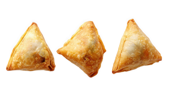 three golden-brown samosas arranged in a row on a white background these triangular pastries are flaky and crispy. typically filled with spiced potatoes. peas. or meat. making them a popular snack or