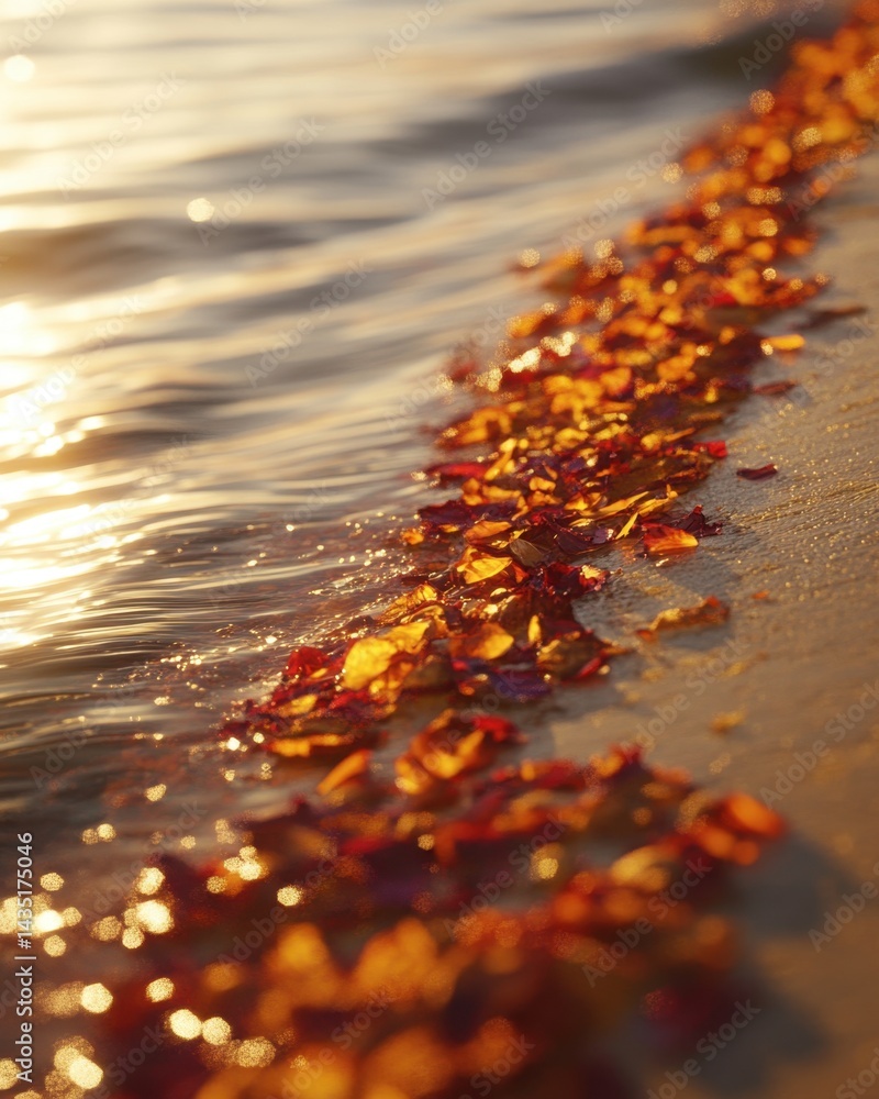 Poster golden hour light on autumn leaves lining the shore of a tranquil lake creating a warm and inviting 