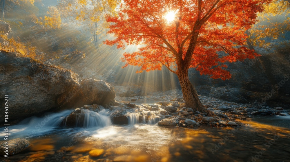 Poster beautiful sunlit forest with a magical red maple tree by a gentle stream, golden rays creating volum