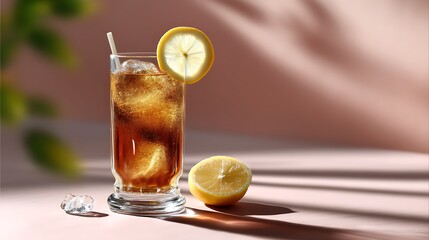 Clean food photography refreshing soda drink with lemon pastel background minimal food styling cute dessert flat lay