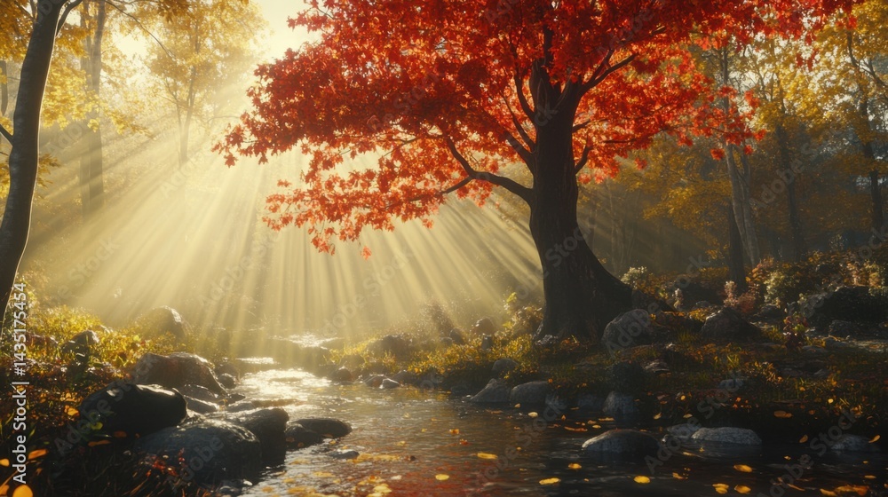 Poster beautiful sunlit forest with a magical red maple tree by a gentle stream, golden rays creating volum