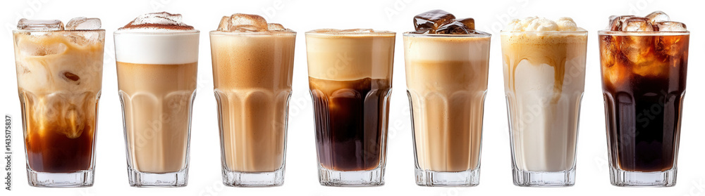Poster a variety of iced coffee drinks. each in clear glasses filled with ice. highlighting different layer