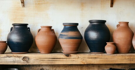 Row of clay pots on rustic wooden shelf deep navy and warm beige symbolizing craftsmanship and handmade artistry