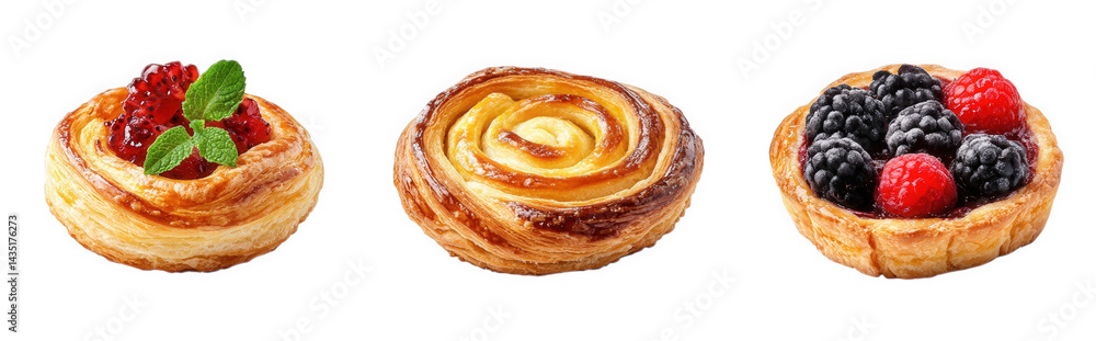 Poster three delicious pastries arranged neatly on a white background each pastry features a different topp