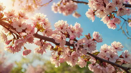 A soft and beautiful sight of cherry blossom branches in full bloom with pale pink flowers.