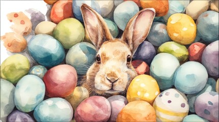 beautiful watercolor illustration of an easter bunny with eggs