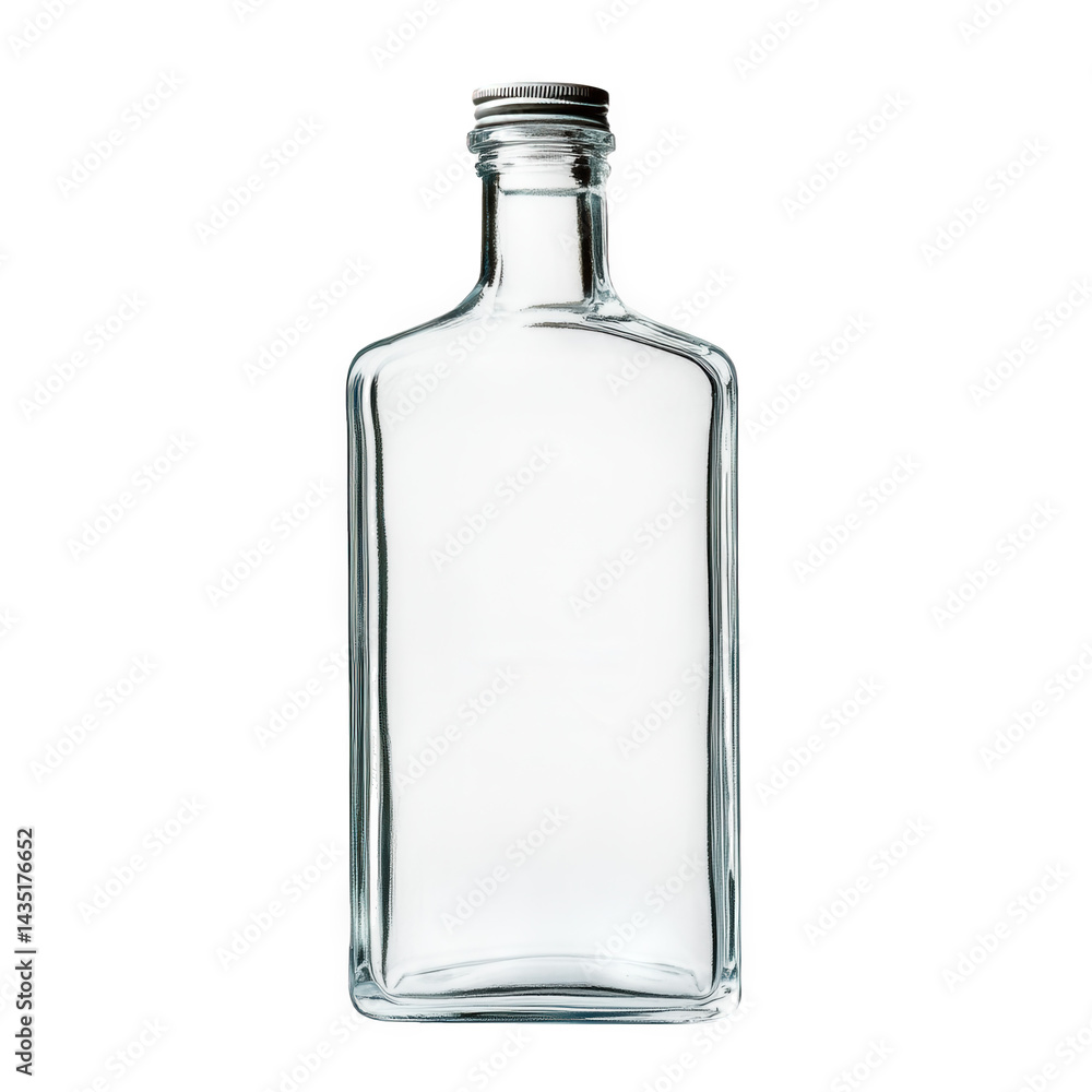 Poster clear glass bottle with a simple. rectangular shape and a metal screw cap the bottle is empty and pl