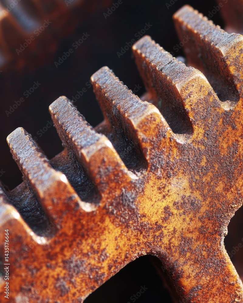 Poster close up of weathered metal gear showcasing intricate details and texture with a focus on rust and i