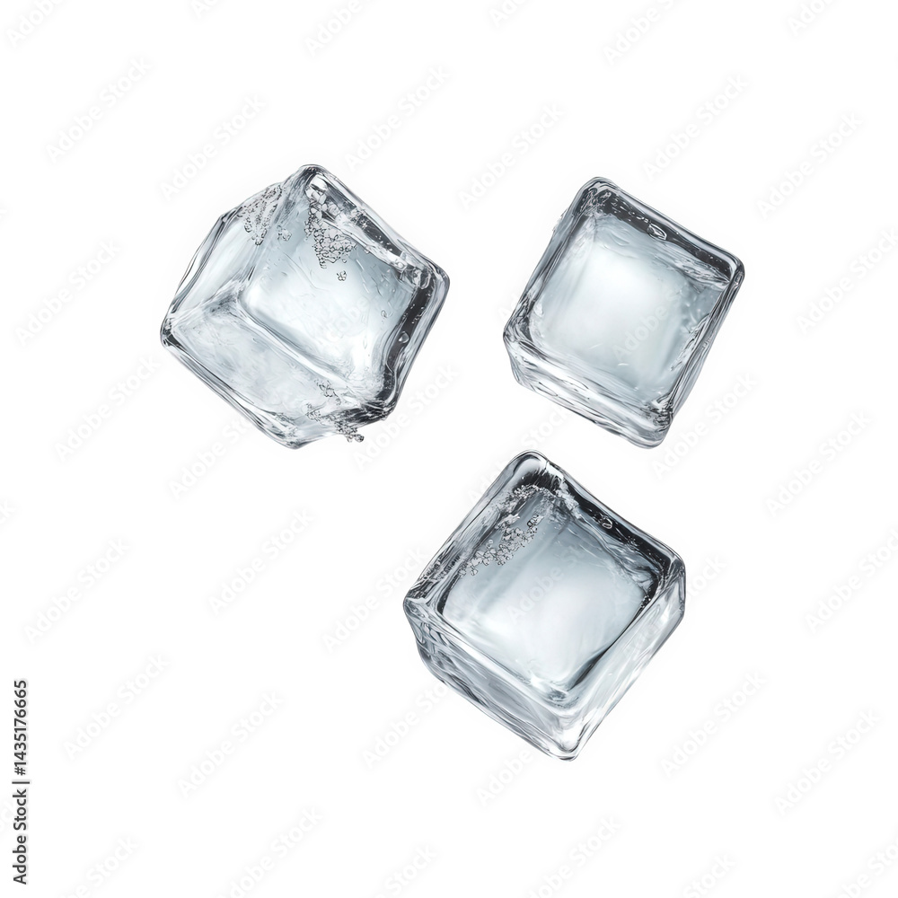Poster three clear ice cubes arranged on a white background. showcasing their transparent texture and sharp