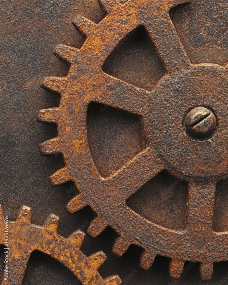 Poster close up of rusty gears showing wear and tear in a macro shot with a dark background and warm lighti