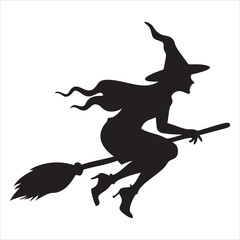 Halloween witch and broomstick silhouette, minimalist vector