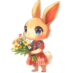 Fototapeta premium A charming cartoon bunny holding a bouquet of flowers wearing a red dress with blue overalls