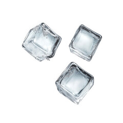 Obraz premium three clear ice cubes arranged on a white background. showcasing their transparent texture and sharp edges the focus on the ice cubes suggests a purpose related to cooling beverages or culinary presen