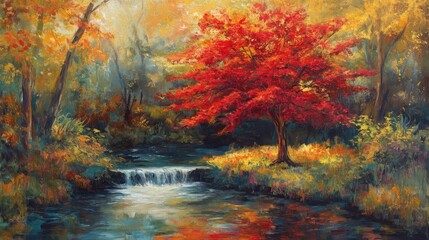 Captivating autumn woodland scene with a red maple tree glowing in golden light, serene water stream below, surrounded by dreamy foliage.